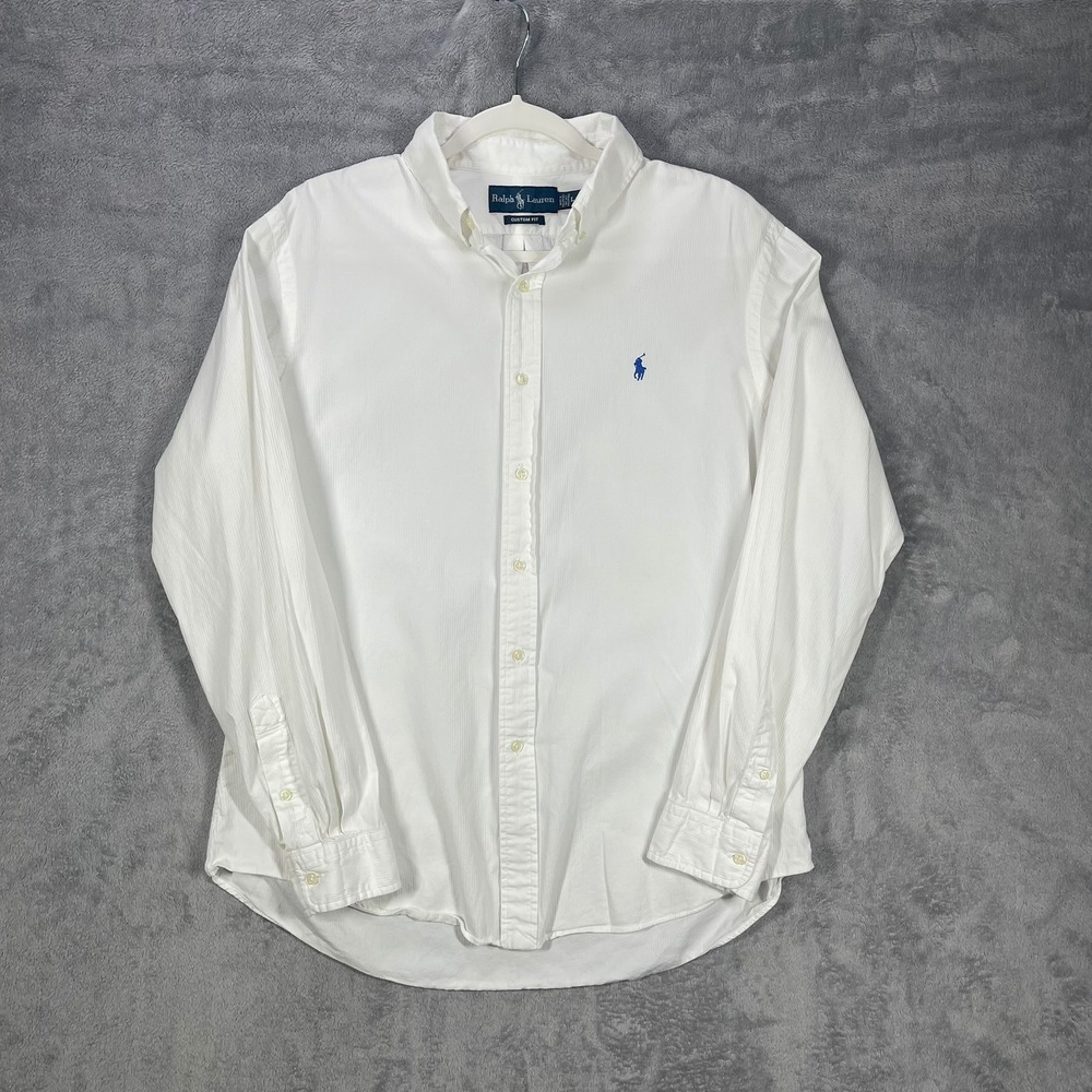 Ralph Lauren Fine Corduroy Shirt Mens Large White Custom Fit Long Sleeve Pony